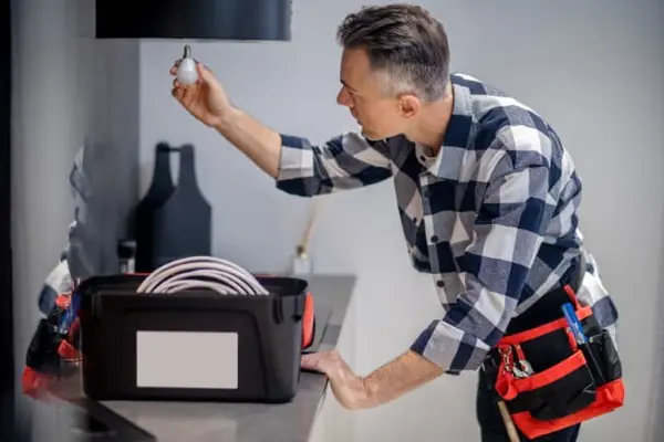 Zelador realizando manutenção de iluminação